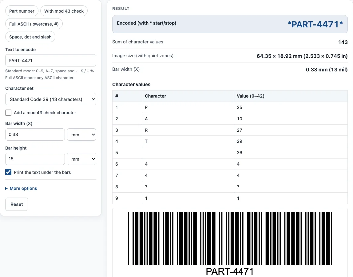 Code 39 barcode generator example