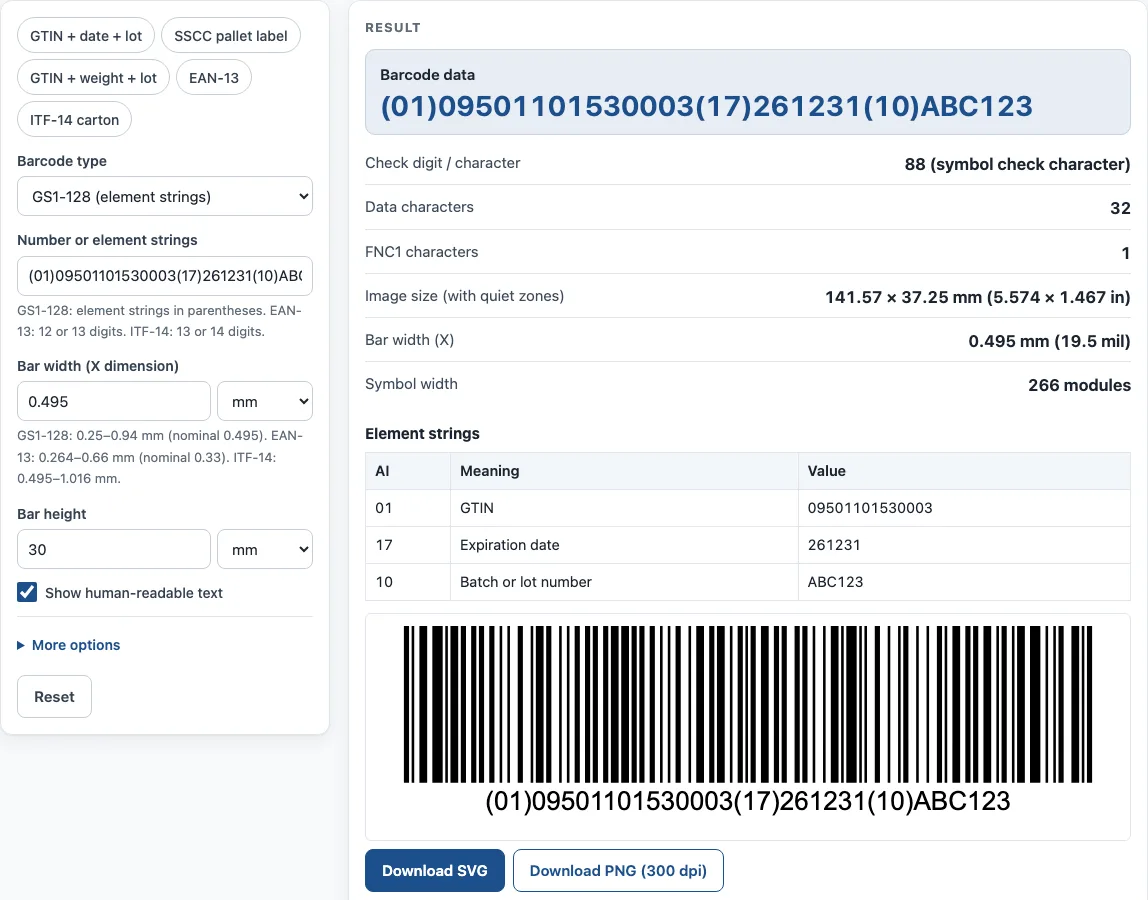 Gs1 barcode generator example