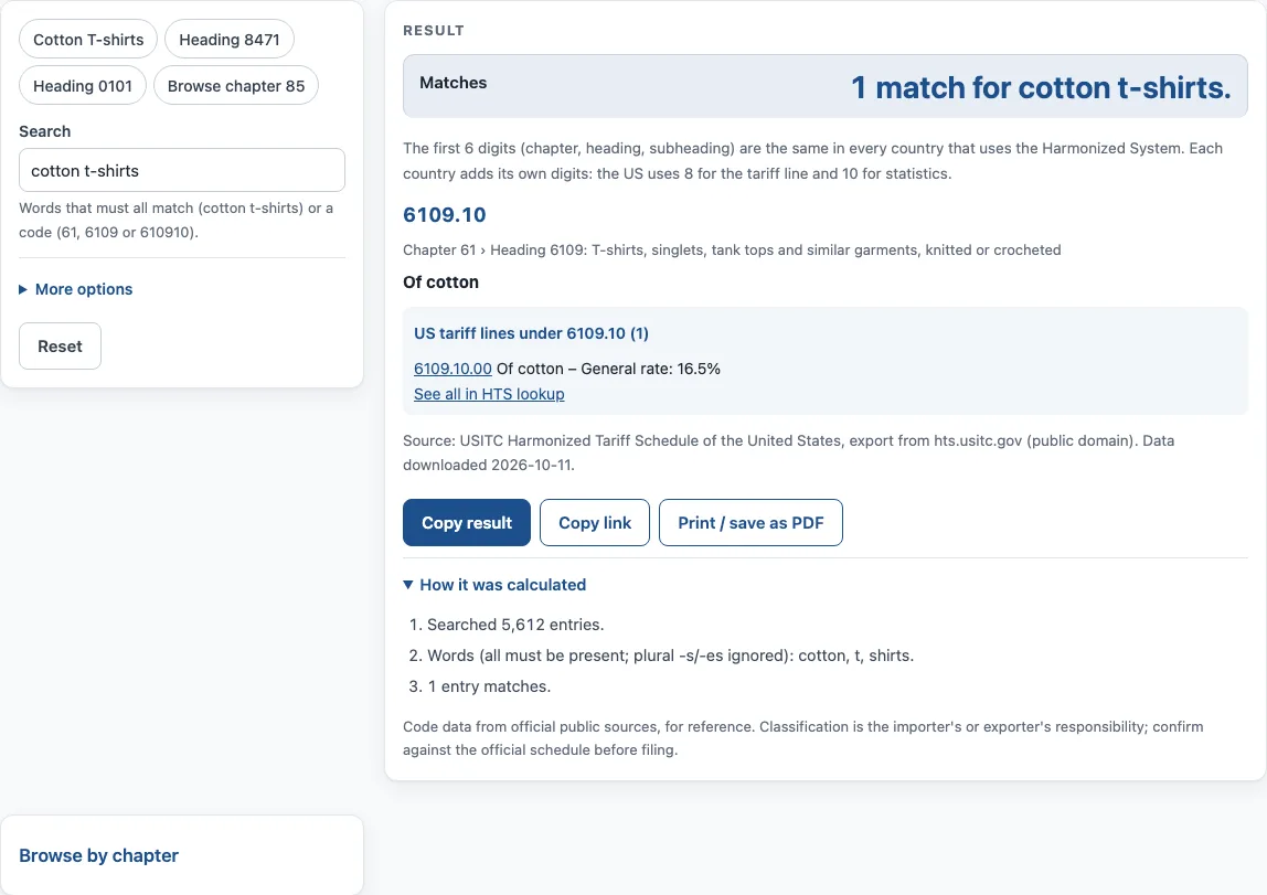 Hs tariff code lookup example
