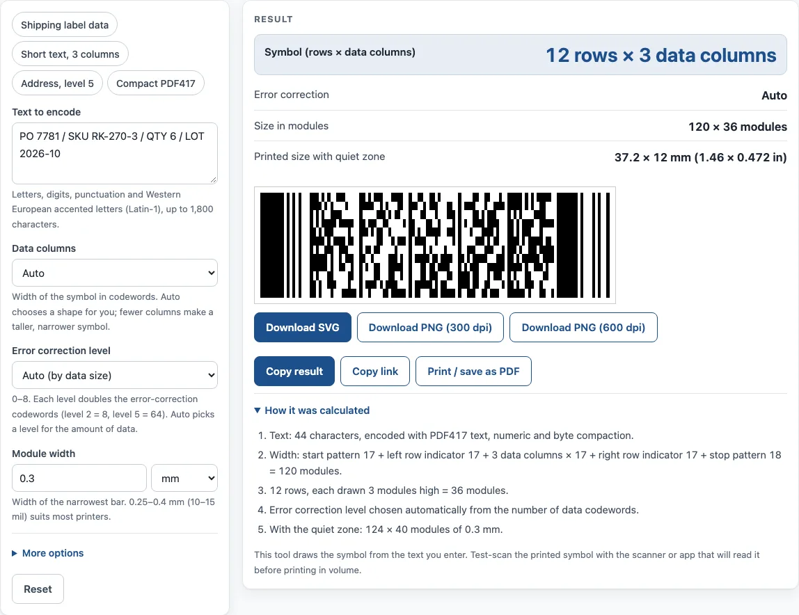 Pdf417 barcode generator example