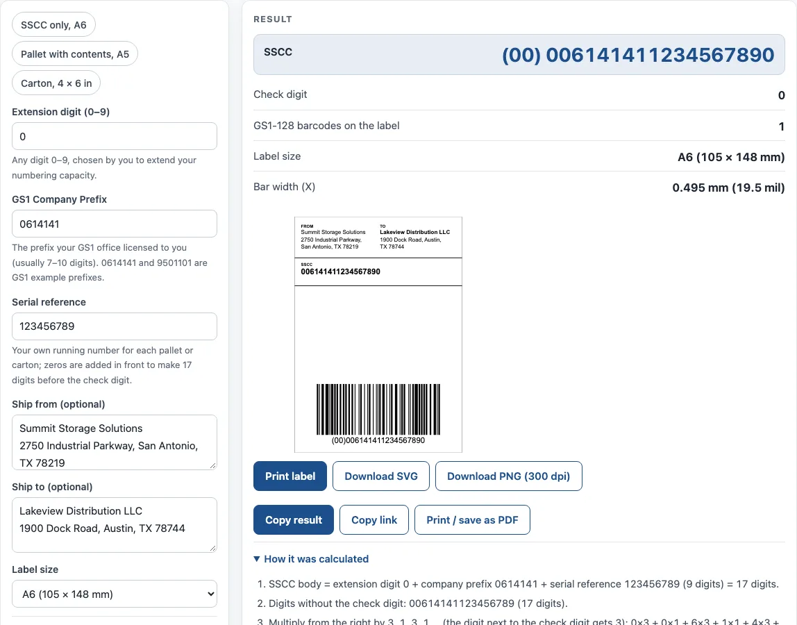 Sscc label generator example