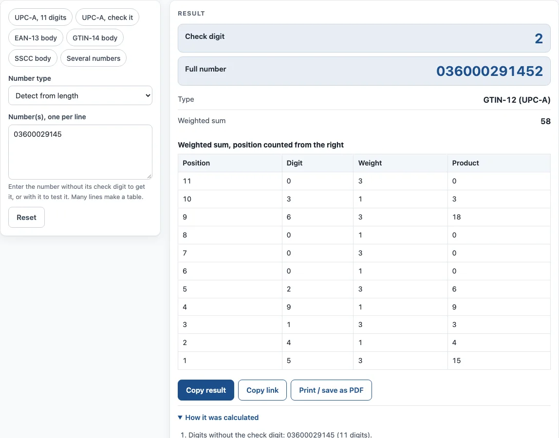 Upc check digit calculator example